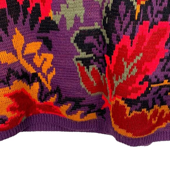 Vintage 80s Y2K Women's Sweater Purple Red Gold Floral Crew Neck - Picture 5 of 7